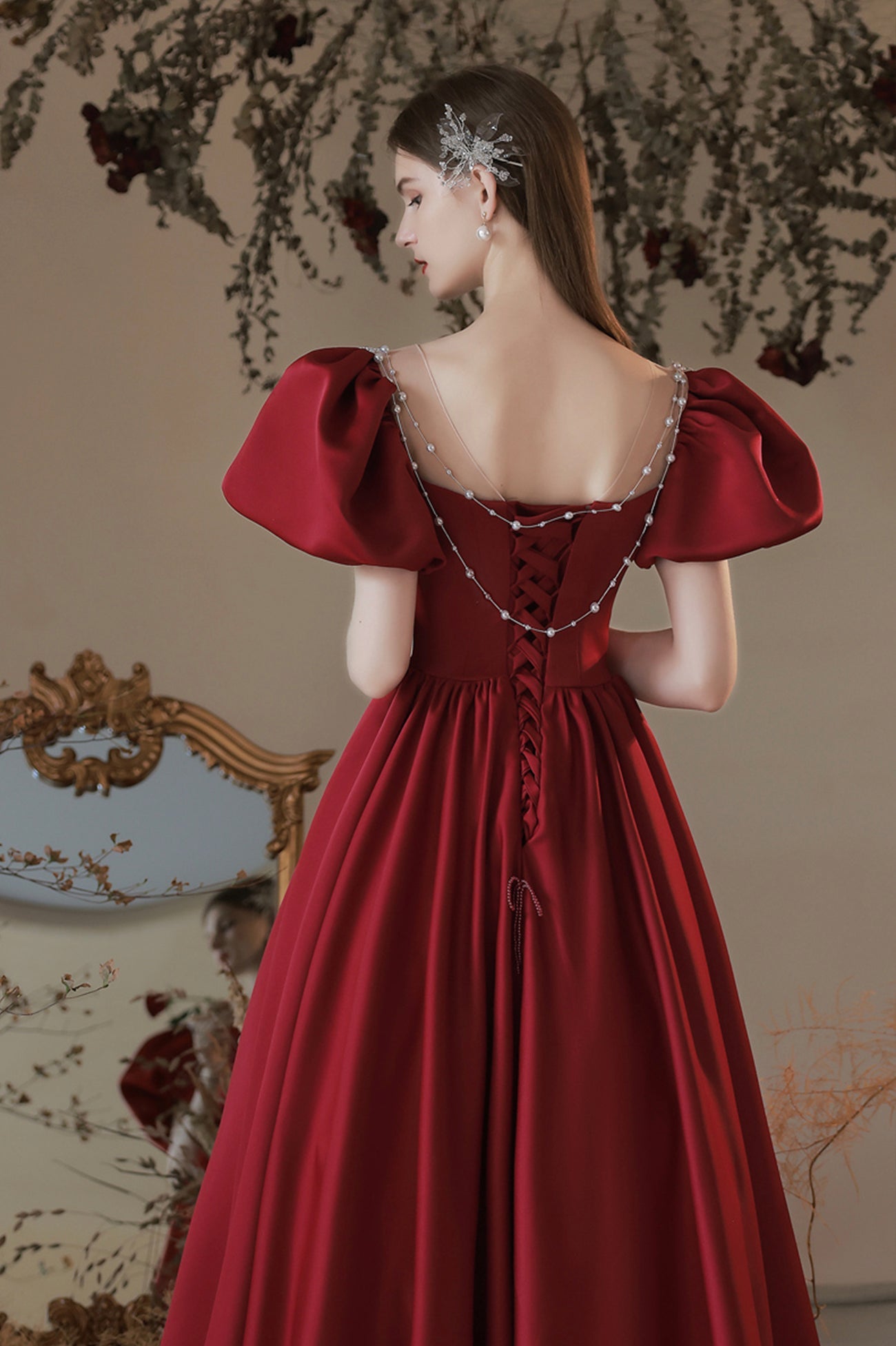 Burgundy Satin Long A-Line Prom Dress, Cute Short Sleeve Graduation Dress