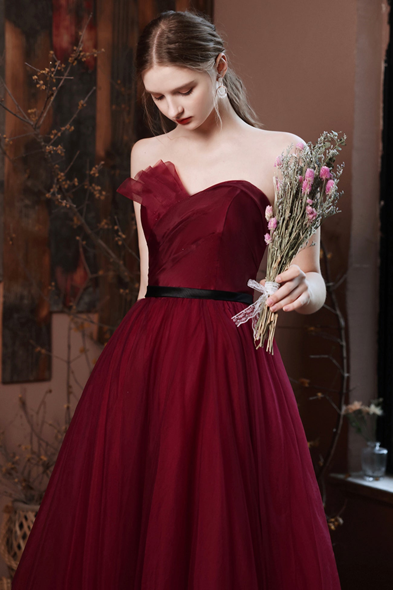 Burgundy Tulle Long A-Line Prom Dress, Burgundy Strapless Evening Party Dress