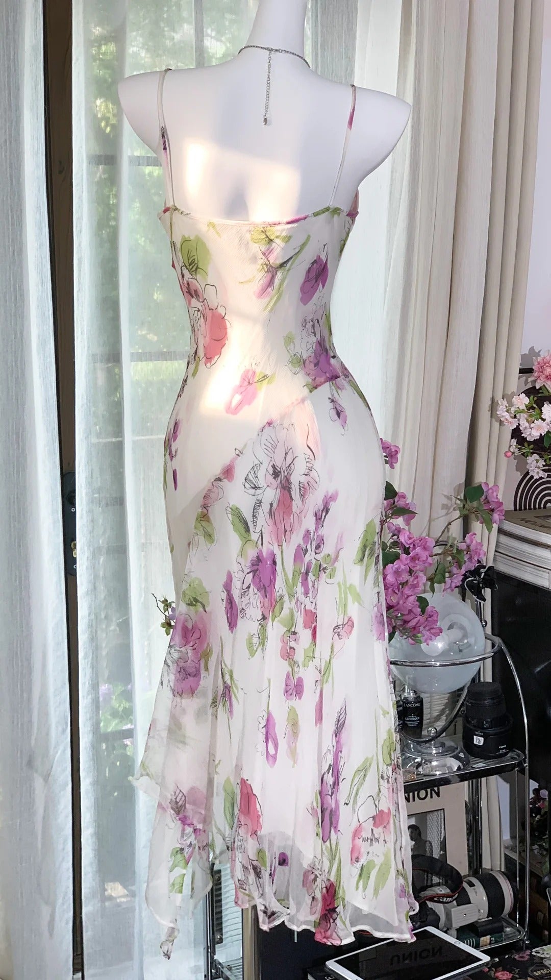 White Pink Floral Ball Gown Long Chiffon Date Dress Evening Dress Birthday Dress Wedding Dress gh4531