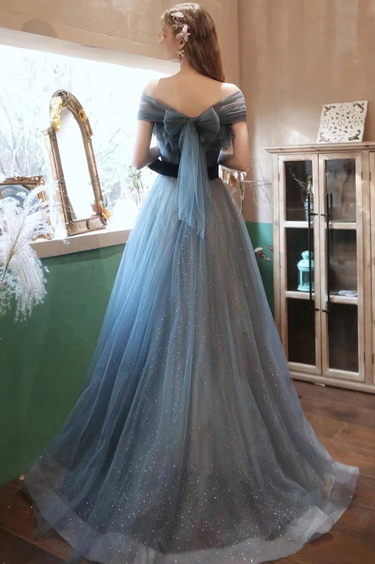 Blue Tulle Long A-Line Prom Dress, Off the Shoulder Evening Graduation Dress