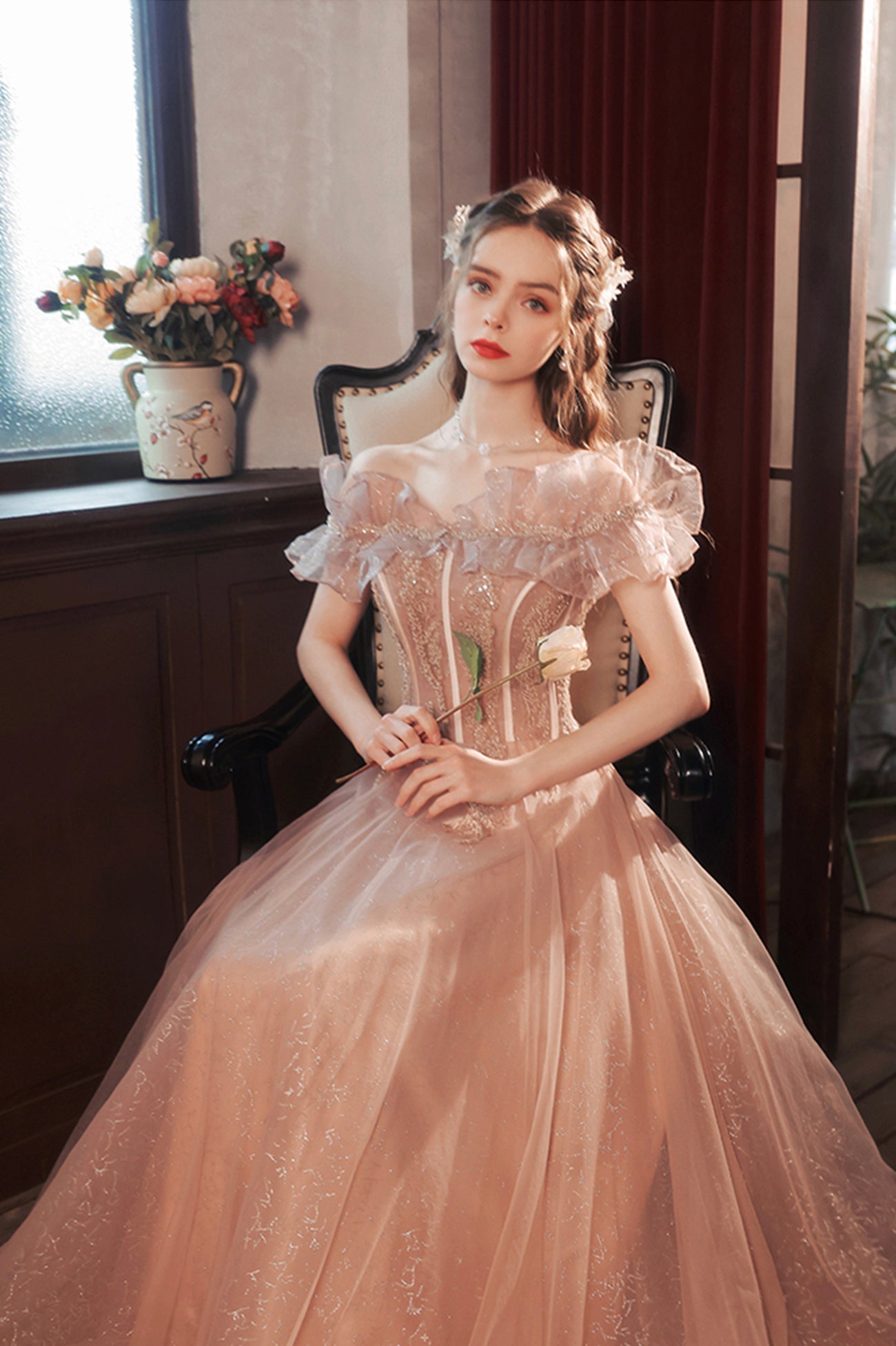 Pink Tulle Long A-Line Prom Dress with Sequins, Off the Shoulder Evening Party Dress