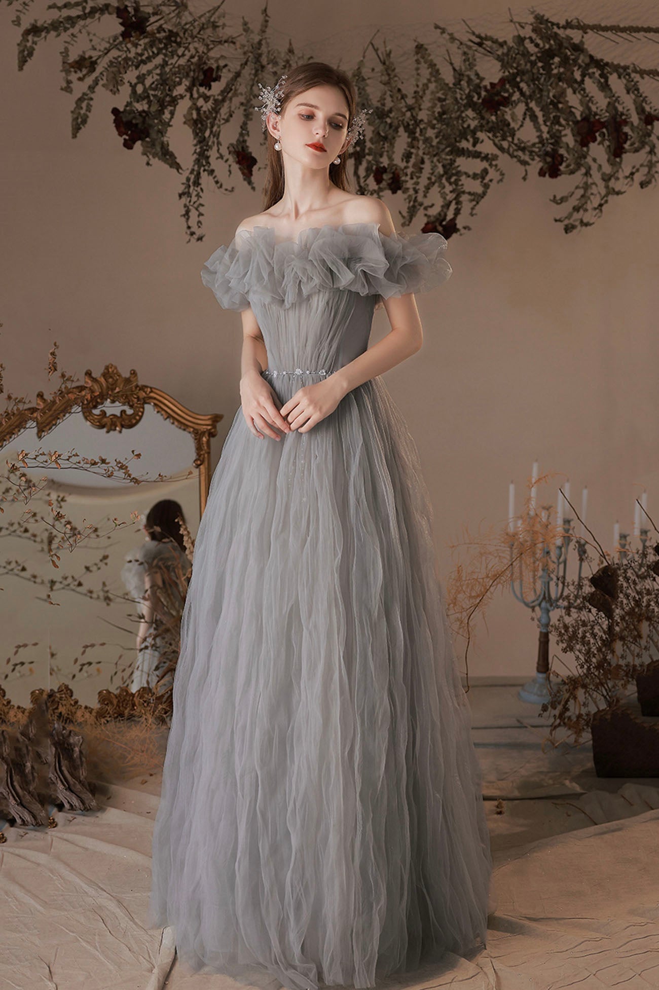 Gray Tulle Long A-Line Prom Dress, Off the Shoulder Formal Evening Dress