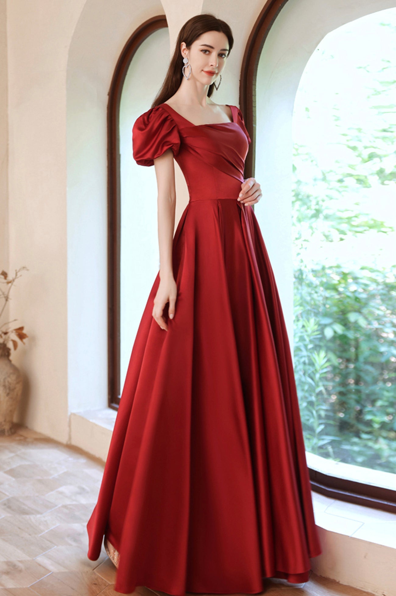Burgundy Satin Long A-Line Prom Dress, Lovely Puff Sleeve Evening Dress