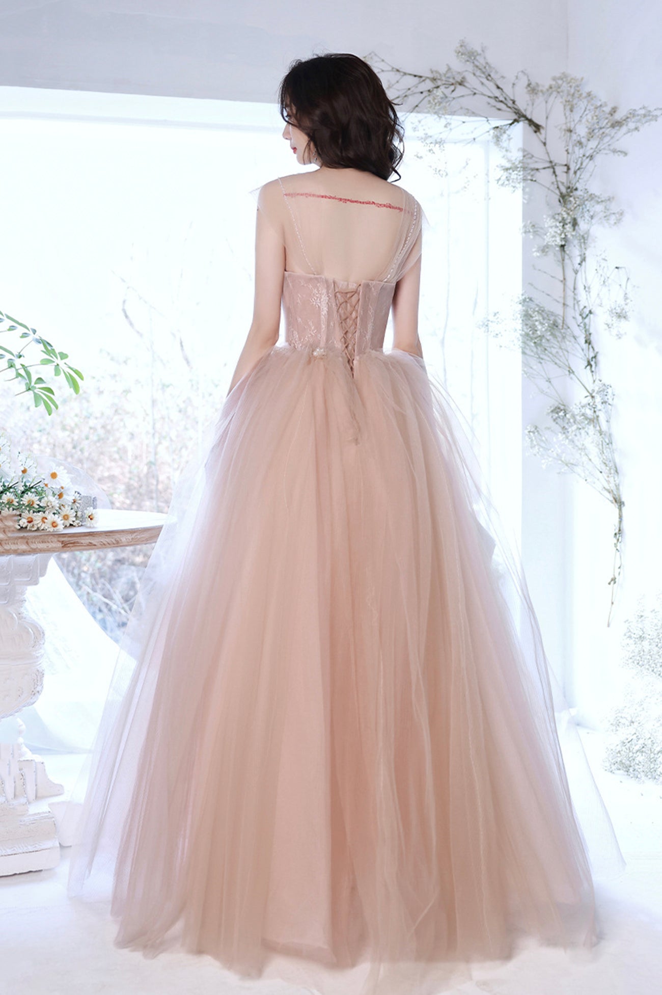 Pink Tulle Long A-Line Prom Dress, Pink Off the Shoulder Evening Party Dress