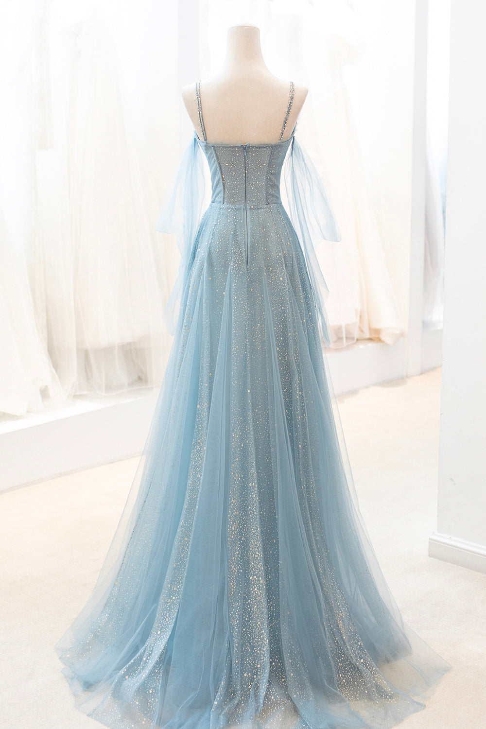 Blue V-Neck Tulle Long Prom Dress, A-Line Spaghetti Strap Evening Dress