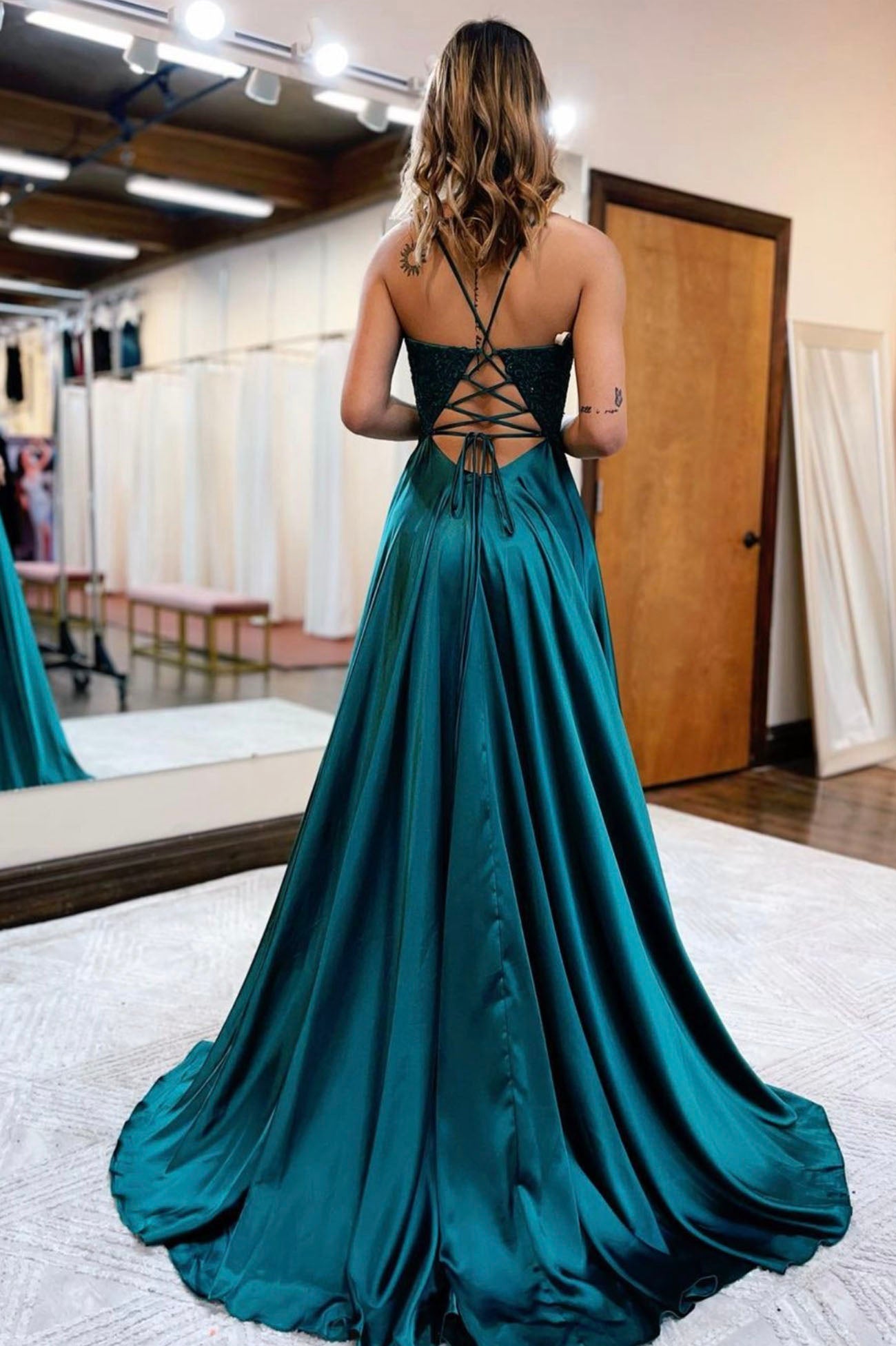 Cute V-Neck Satin Lace Long Prom Dress, A-Line Evening Dress with Slit