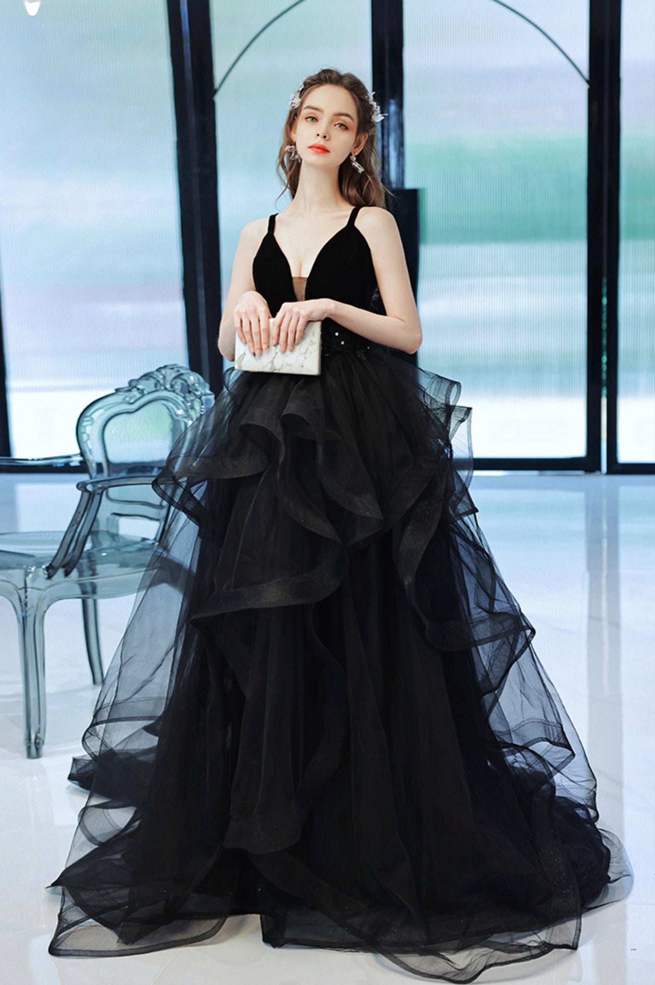 Black V-Neck Tulle Long Prom Dress, Black Graduation Dress with Lace