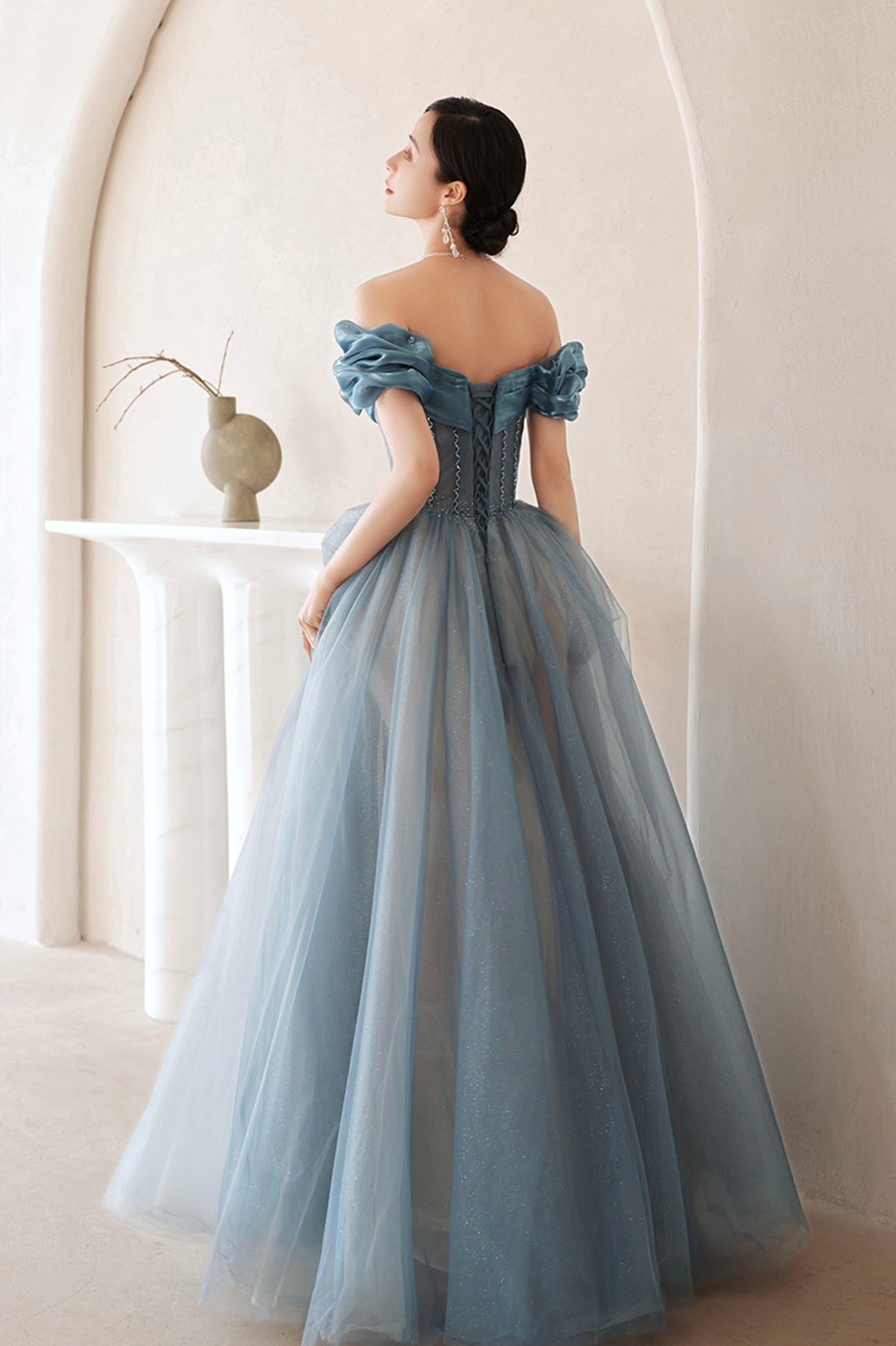 Blue Tulle Long A-Line Prom Dress, Elegant Off the Shoulder Formal Evening Dress