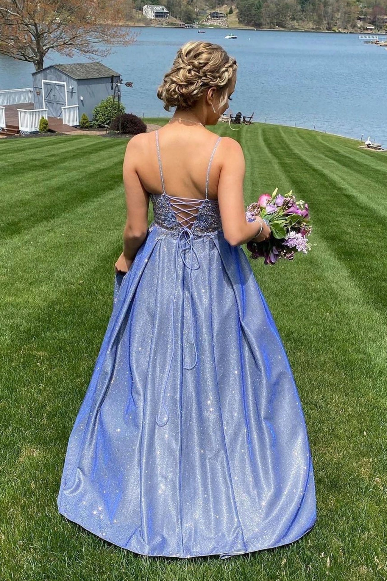 Blue V-Neck Long Prom Dress, A-Line Spaghetti Strap Evening Dress