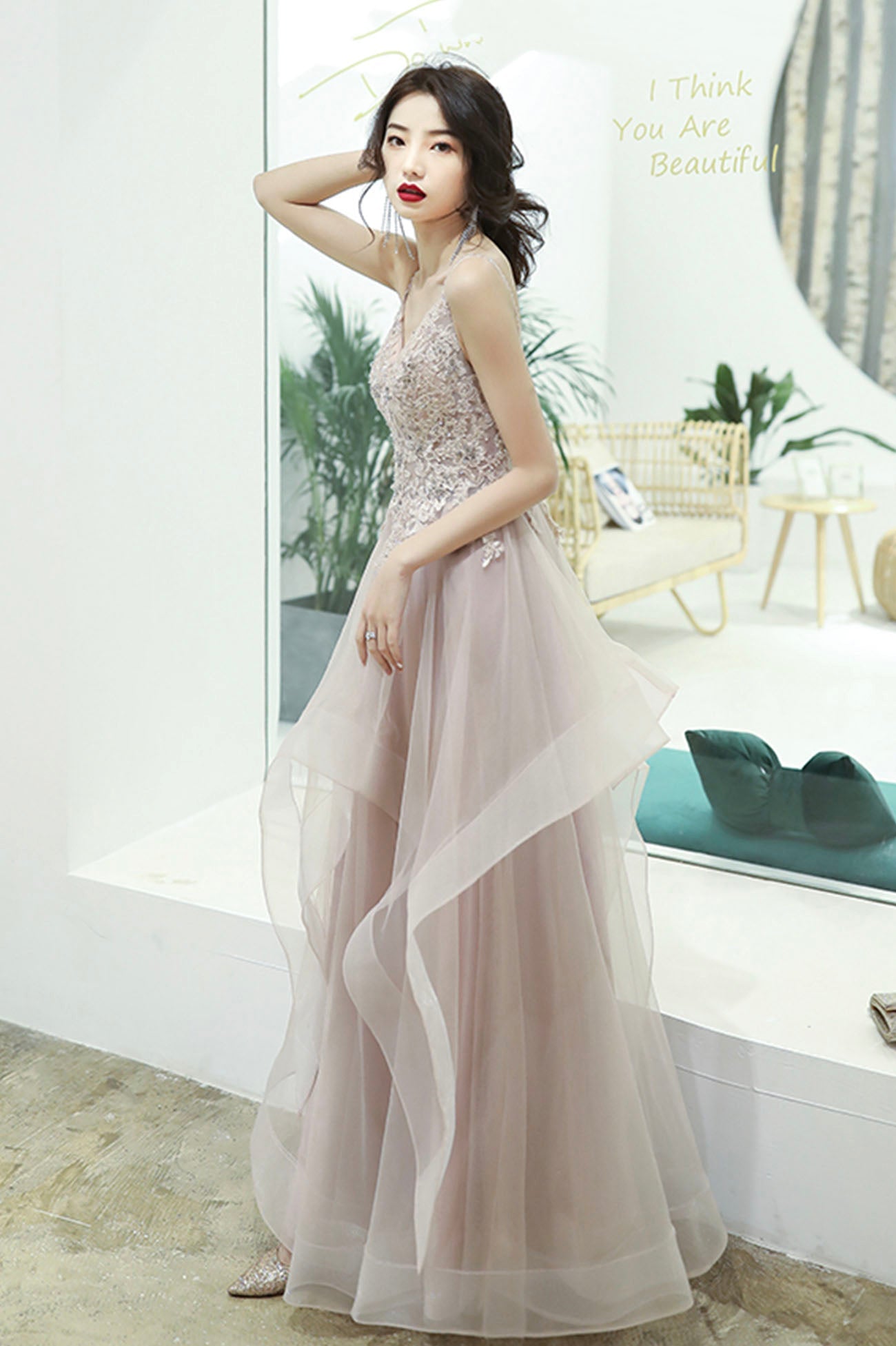 Pink Lace Long A-Line Prom Dress, Pink Spaghetti Straps Evening Dress