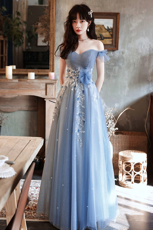 Blue Tulle Long A-Line Prom Dress, Blue Off the Shoulder Evening Party Dress