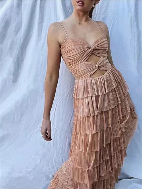 Nude elegant spaghetti strap long tulle tiered ball gown formal evening dress party dress gh2881