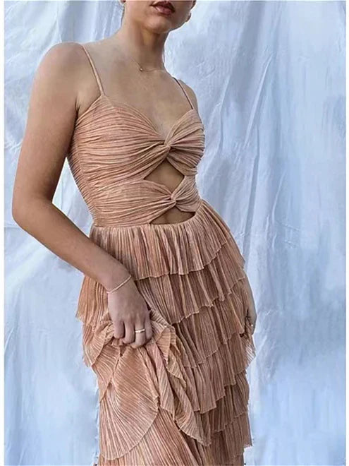 Nude elegant spaghetti strap long tulle tiered ball gown formal evening dress party dress gh2881