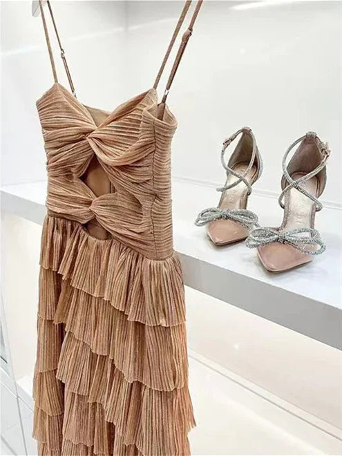 Nude elegant spaghetti strap long tulle tiered ball gown formal evening dress party dress gh2881