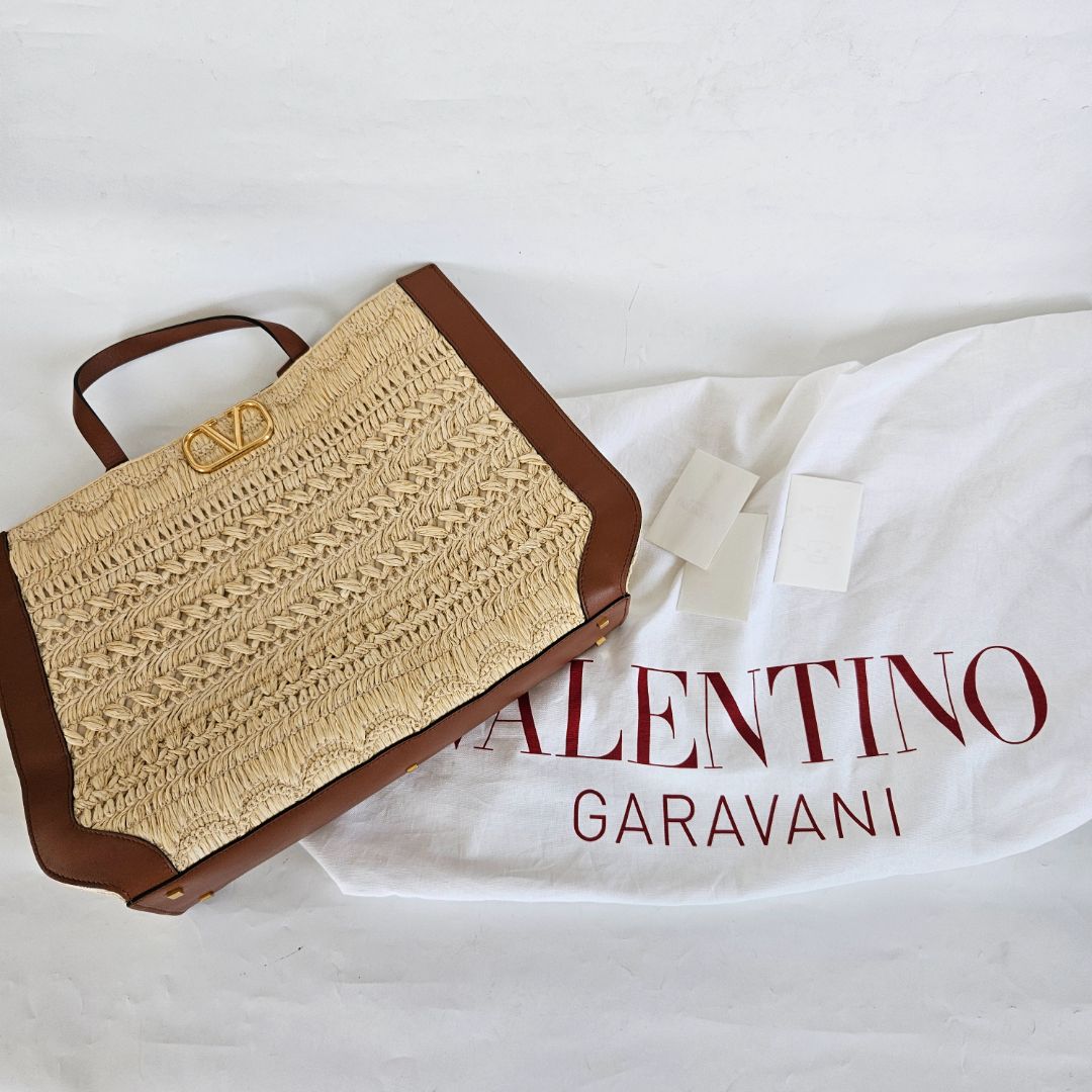 Valentino Garavani Vlogo Signature Embroidered Raffia Handbag Natural/ Saddle Brown