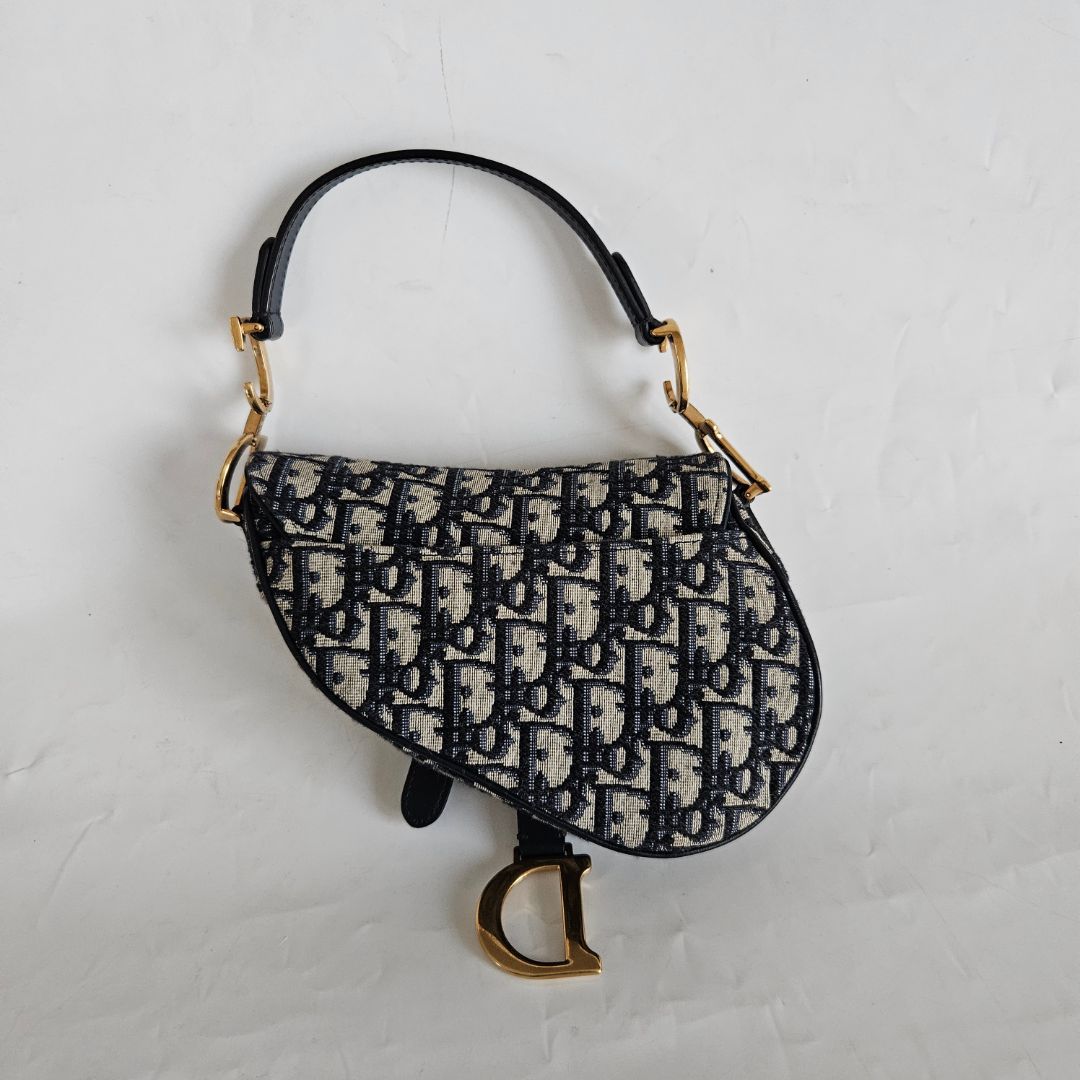 Dior Navy Blue Oblique Canvas and Leather Mini Saddle Bag
