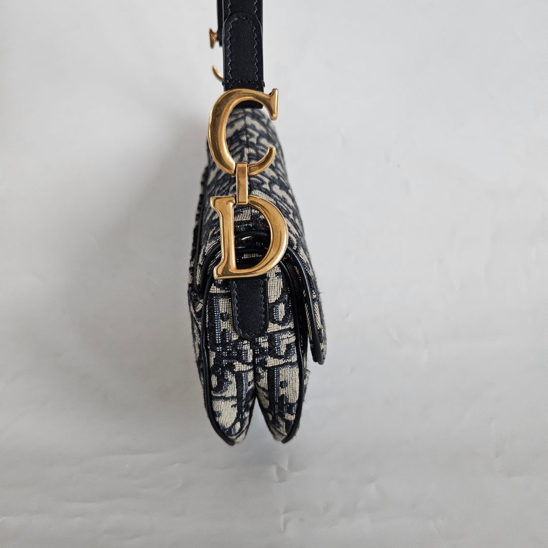 Dior Navy Blue Oblique Canvas and Leather Mini Saddle Bag