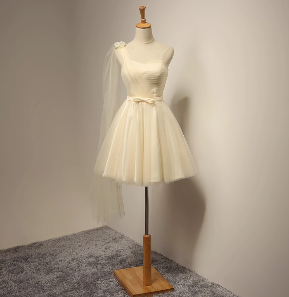 Champagne A-line sweetheart neck tulle short prom dress, champagne bridesmaid dress ED0971