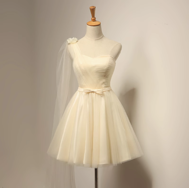 Champagne A-line sweetheart neck tulle short prom dress, champagne bridesmaid dress ED0971