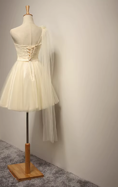 Champagne A-line sweetheart neck tulle short prom dress, champagne bridesmaid dress ED0971