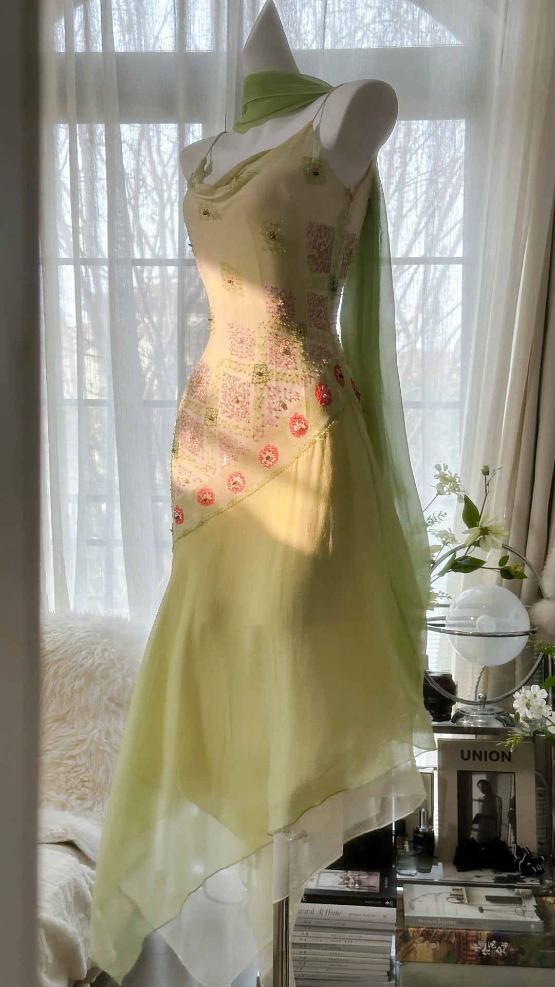 Green Elegant Romantic Delicate Floral Beading Spaghetti Strap Long Chiffon Homecoming Ball Gown Evening Dress Birthday/Wedding Guest/Holiday Party Dress Prom Dress gh4024
