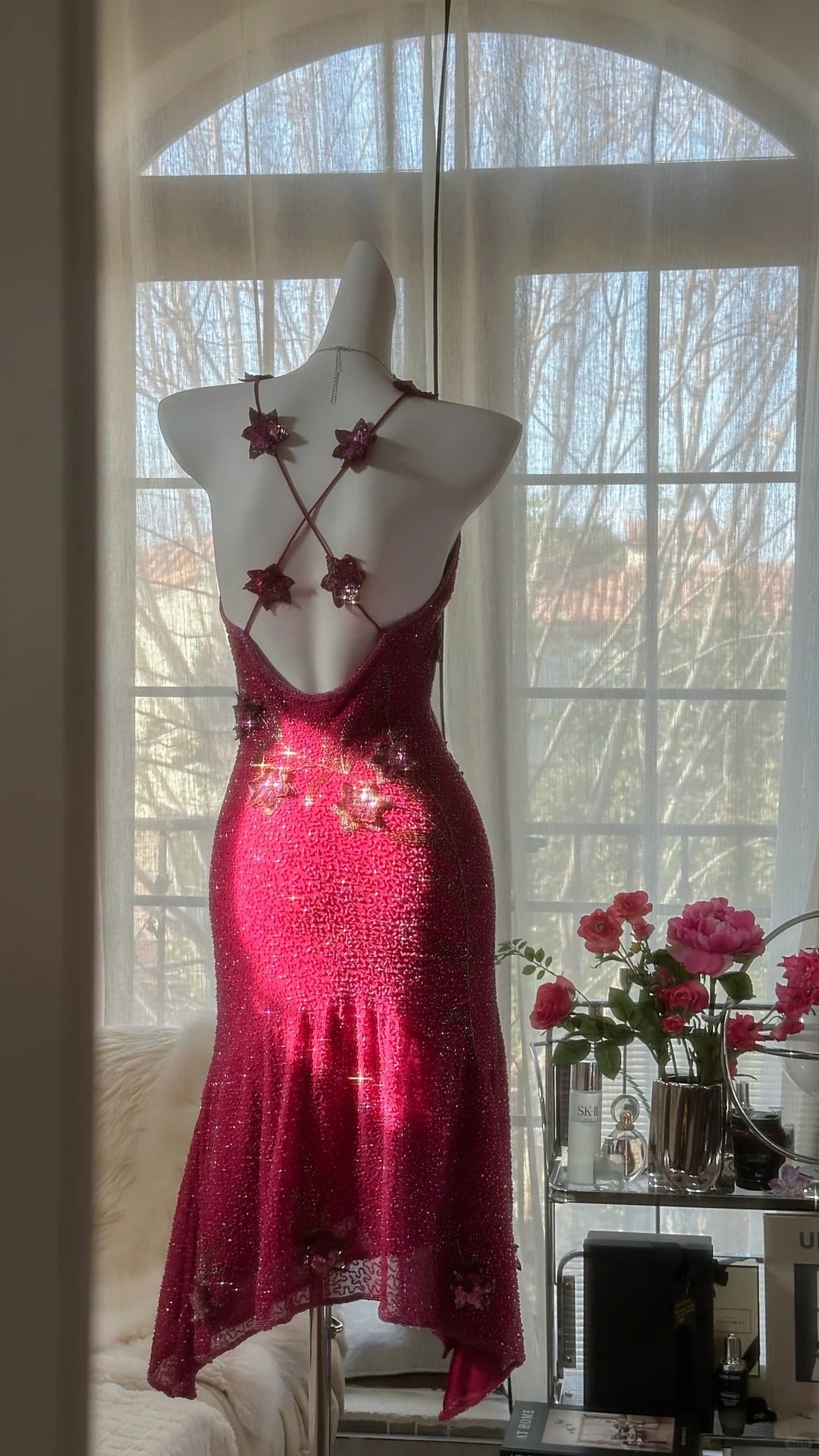 Pink Gorgeous Elegant Romantic Exquisite Beaded Sequin Midi/Short Chiffon Ball Gown Evening Dress Birthday/Wedding Guest Party Dress Prom Dress gh4019