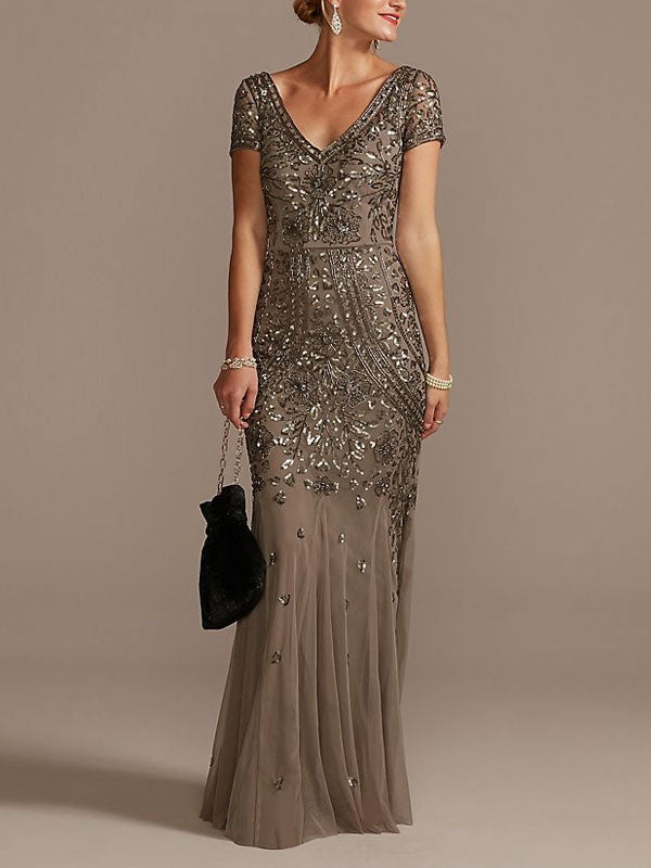 V-neck Beaded Short Sleeve Dress with Godets Mother of the Bride Dress