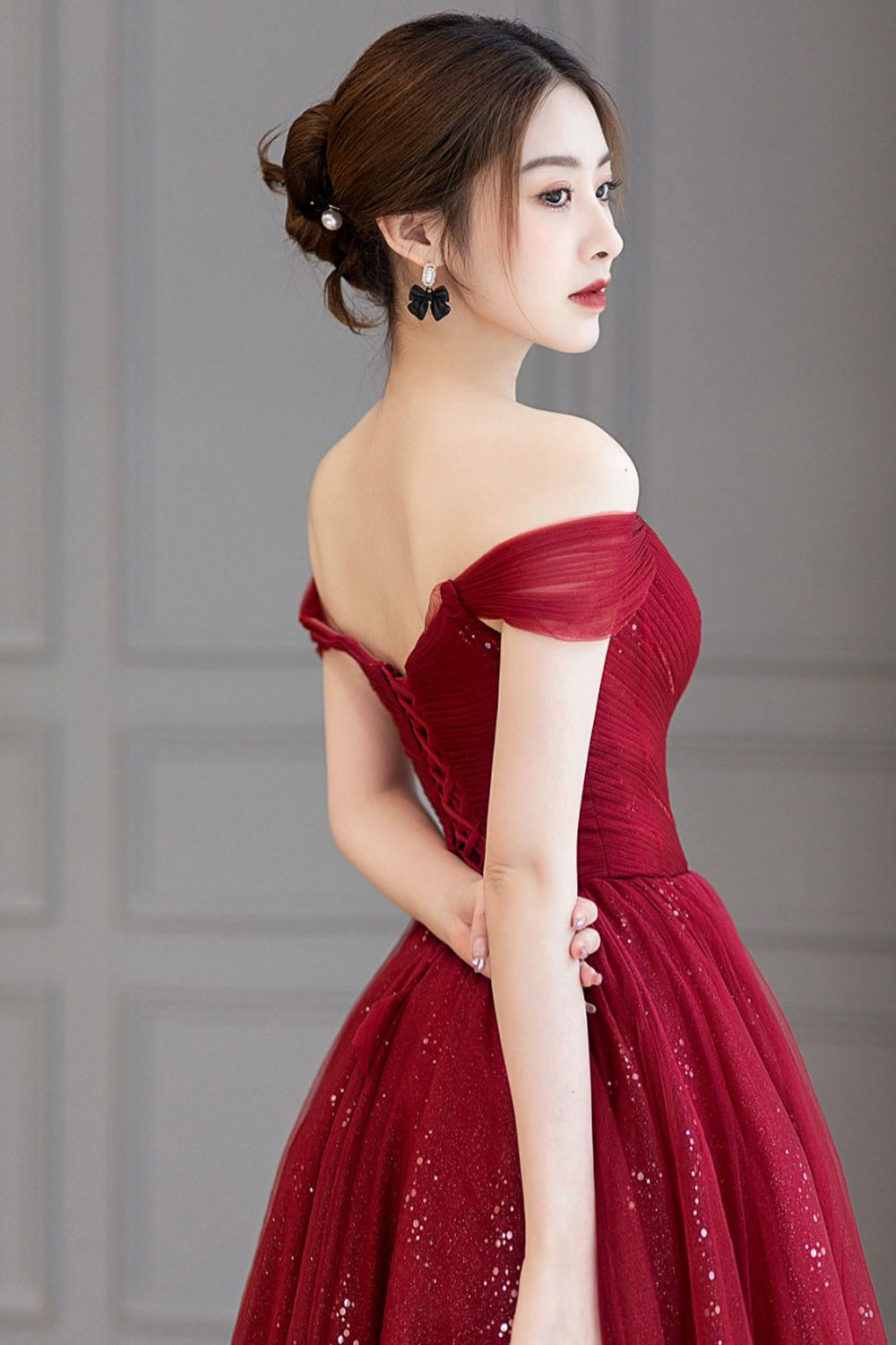 Burgundy Off the Shoulder Long Prom Dress, Elegant Tulle Formal Evening Dress