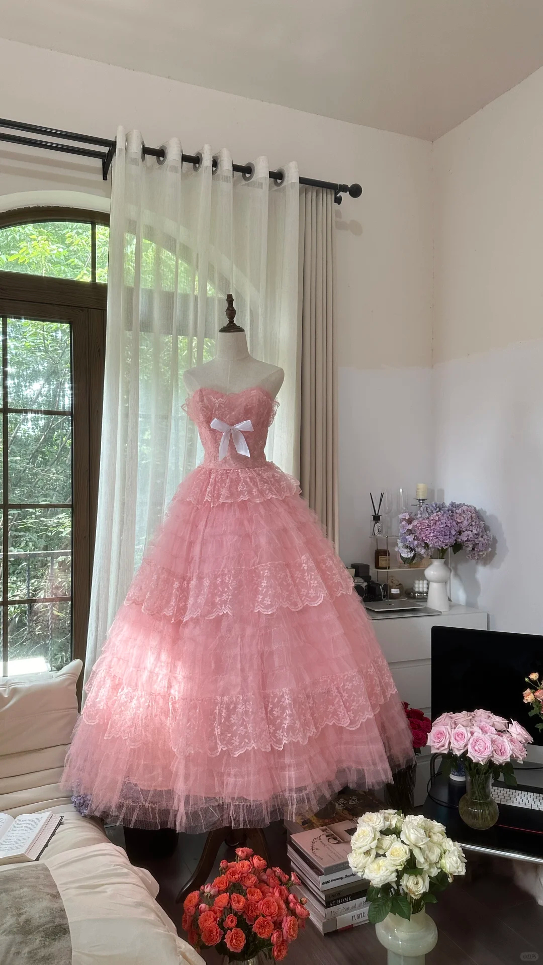 Pink sweet fashion elegant exquisite lace bow long tulle lace princess ball gown evening dress birthday dress adult ceremony dress gh4033