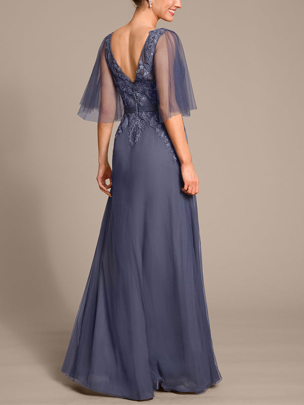 V-neck Mesh Lace Solid Color Maxi Dress