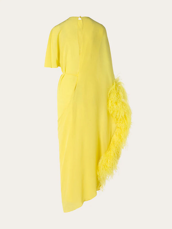 Round Neck Solid Color Feather Midi Dress