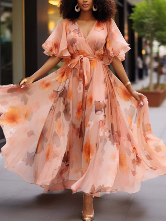 Vacation Elegant Peach Floral Wrap Neck Short Sleeve Chiffon Maxi Dresses
