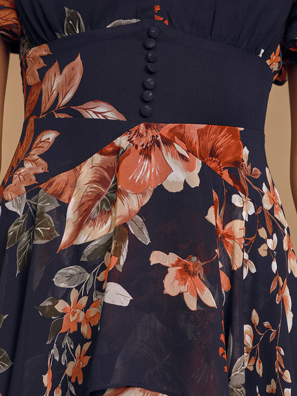 Navy Blue Floral Print Tiered Maxi Dress