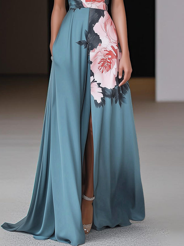 Black Slit Floral Satin Halter Sleeveless A-Line Maxi Dress