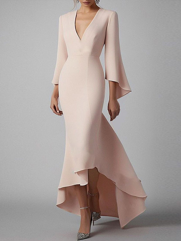 Light Pink V-neck Long Sleeves Midi Dress