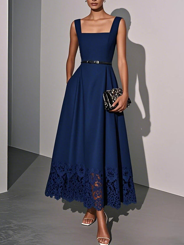 White Lace Classic Square Neck Sleeveless A-Line Maxi Dress