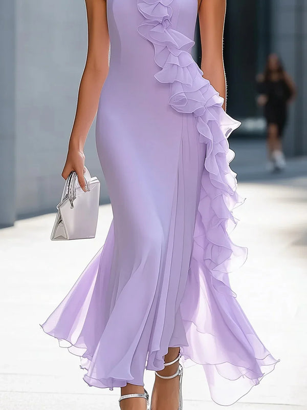 Elegant Plain Ruched Stand Collar Maxi Dress