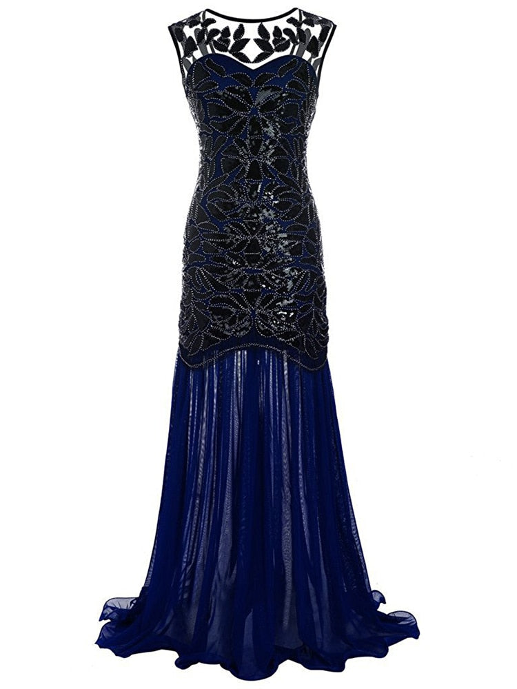 loveedsTM-Vestidos Vintage Mujer Sequins Beading Long Evening Dresses Formal Round Neck Lace Long Sexy Women Party Special Occasion