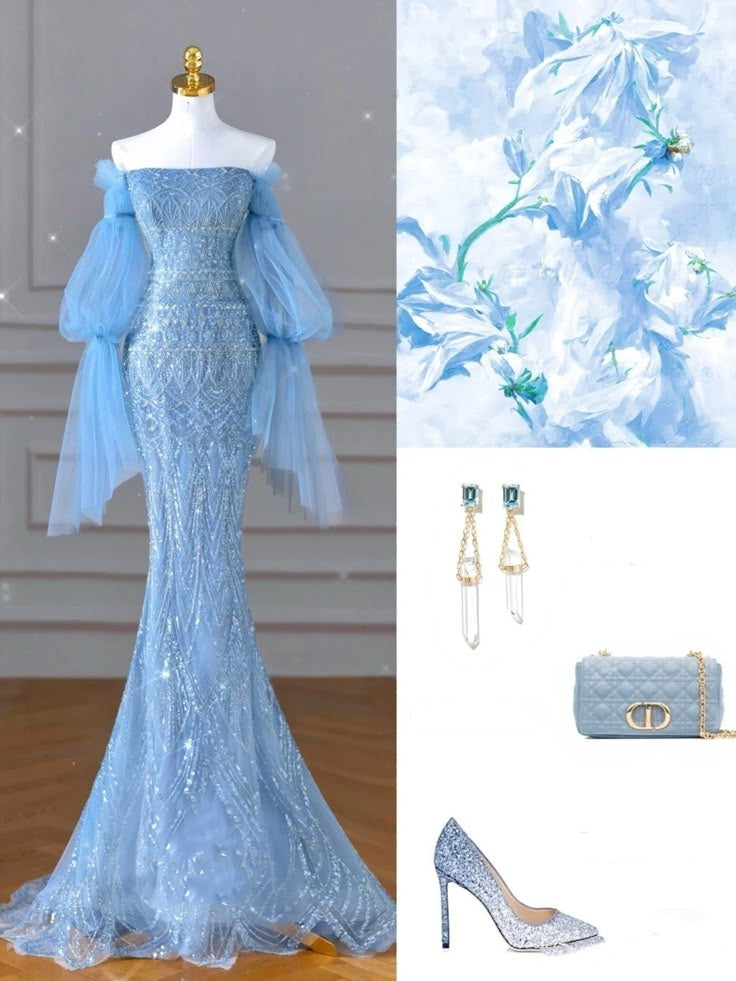 Blue luxurious gorgeous shiny exquisite beads elegant long sequined tulle long sleeve mermaid slim ball gown evening dress gh3388