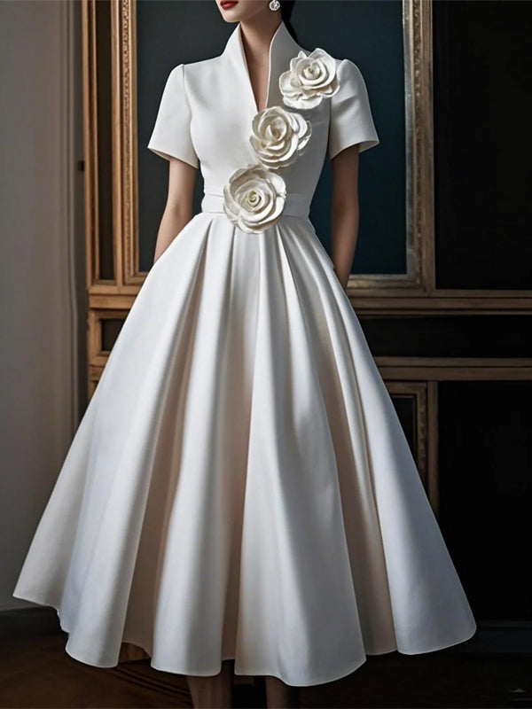 White Stand Collar 3D Floral Midi Dress