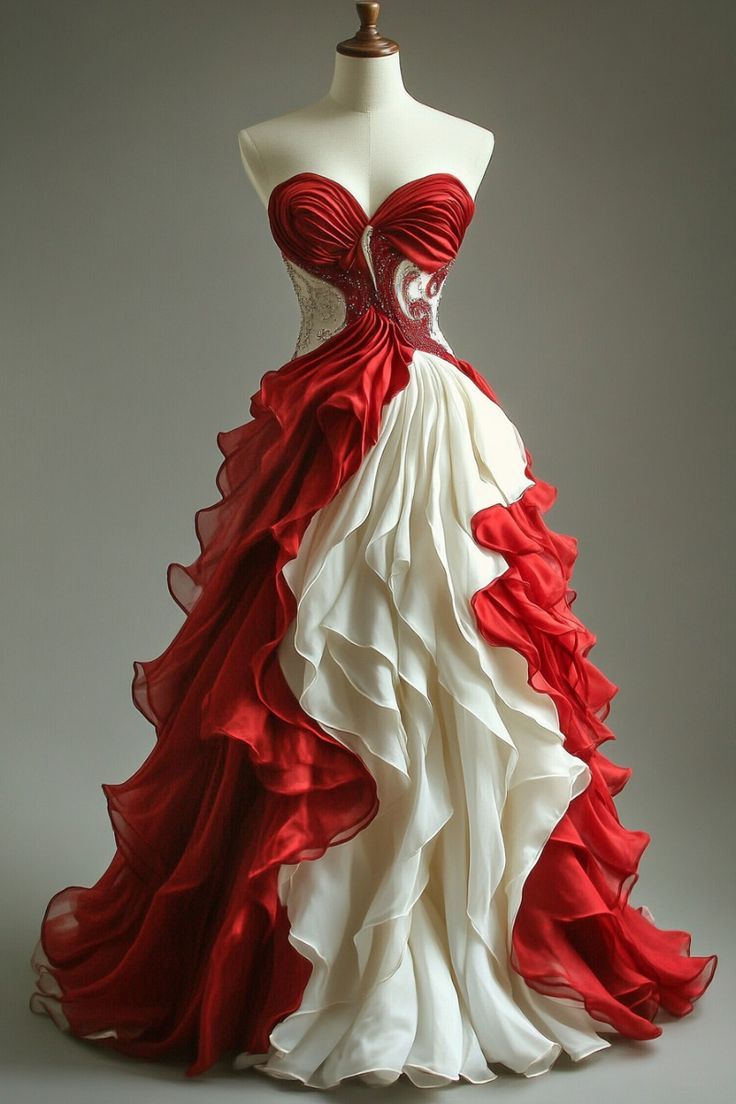 Red and Ivory Beaded Long Tulle Ball Gown gh4969