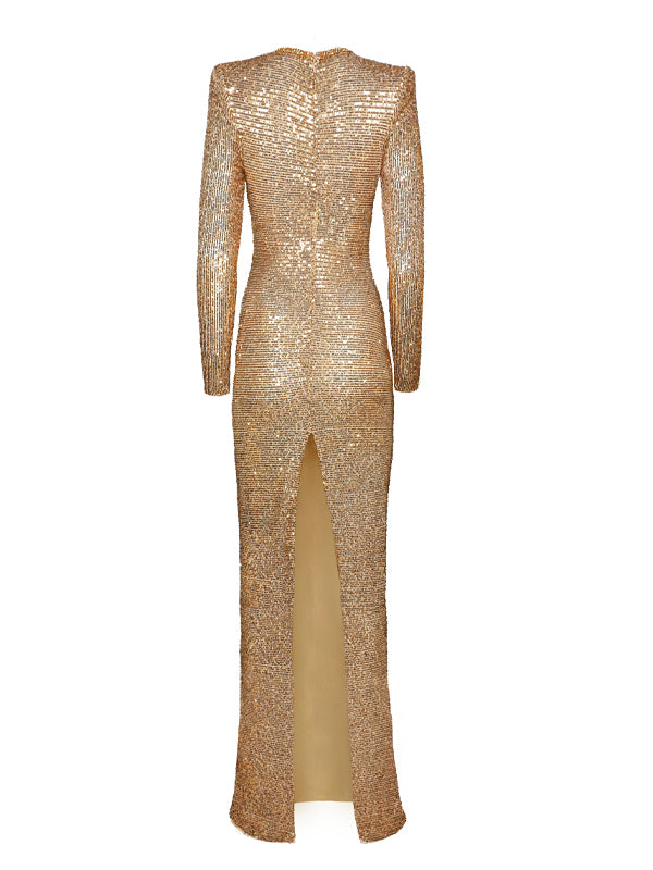 V-neck Sequin Solid Color Maxi Dress