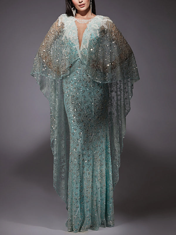 Solid Color Mesh Sequin Lace Maxi Dress