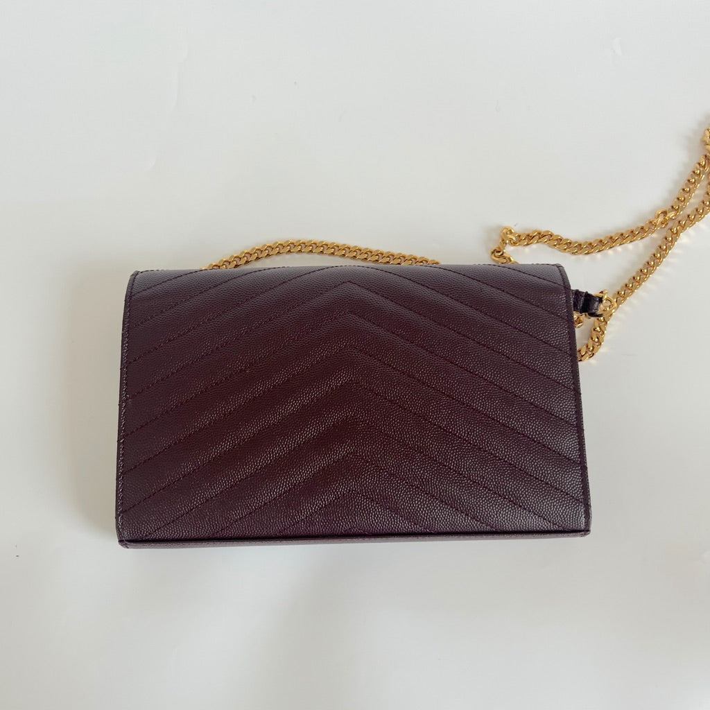 Saint Laurent burgundy Cassandre Chain Wallet in Matelassé Leather