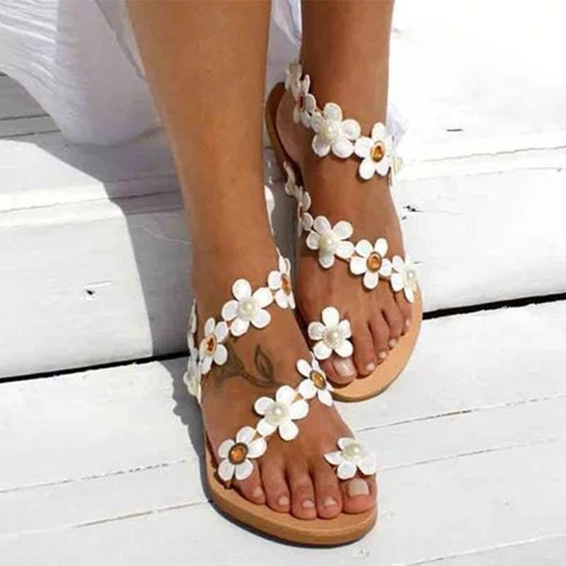 Small fresh large size flower pu slip-toe ladies sandals