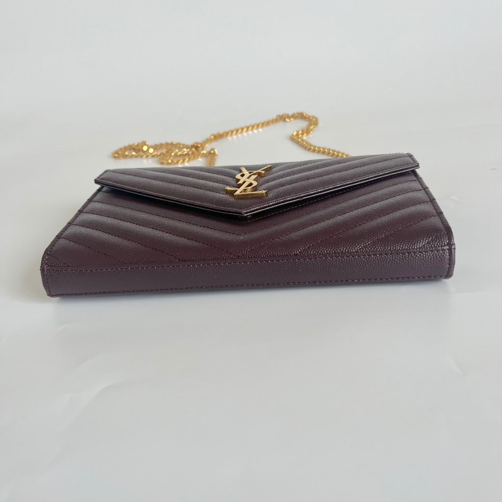 Saint Laurent burgundy Cassandre Chain Wallet in Matelassé Leather