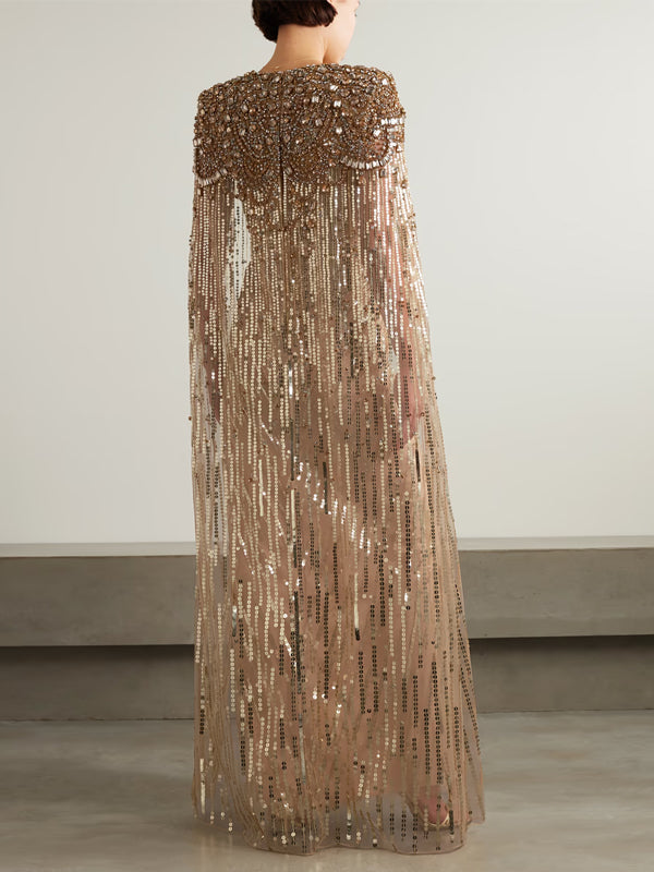 V-Neck Sequin Solid Color Maxi Dress