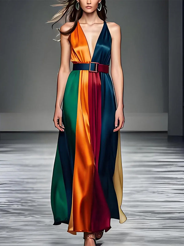 Colorblock Silk Sleeveless Suspender Maxi Dress