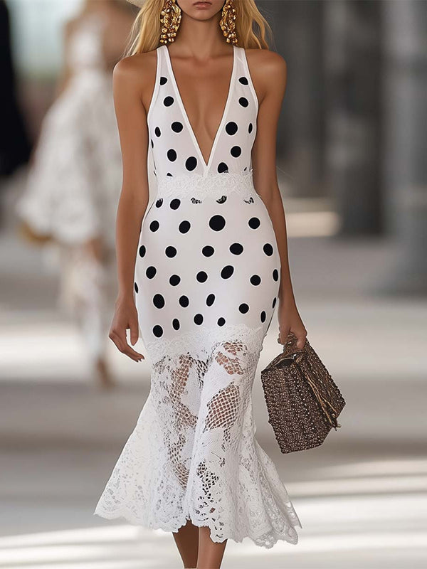 White V-neck Polka Dot Print Patchwork Lace Hem Midi Dress