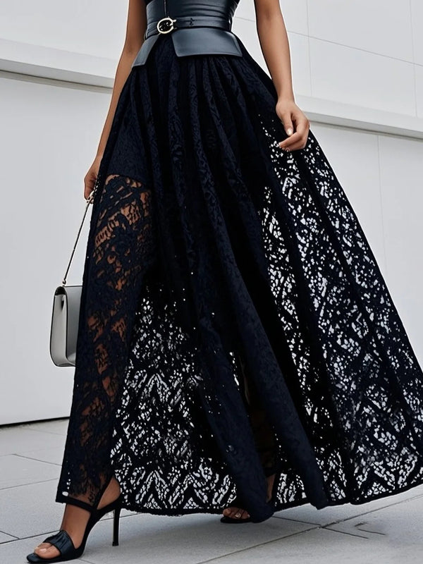 Lace Hollow Out Crew Neck Sleeveless A-Line Maxi Dress